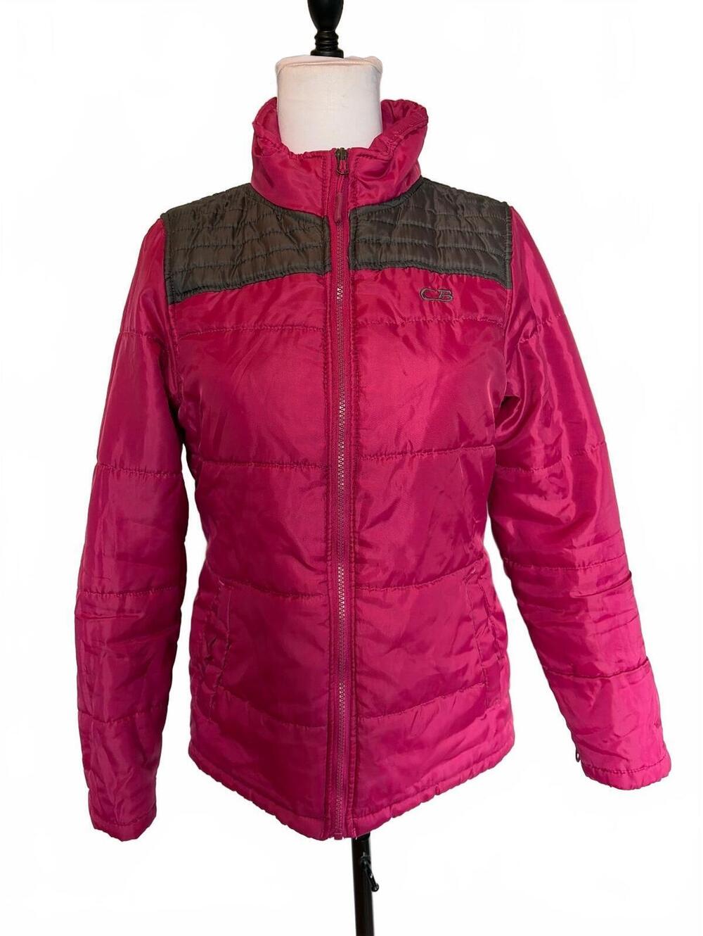 CB Women’s Puffer Jacket M Hot Pink Black Colorblock Fitted Sporty Vintage Y2K
